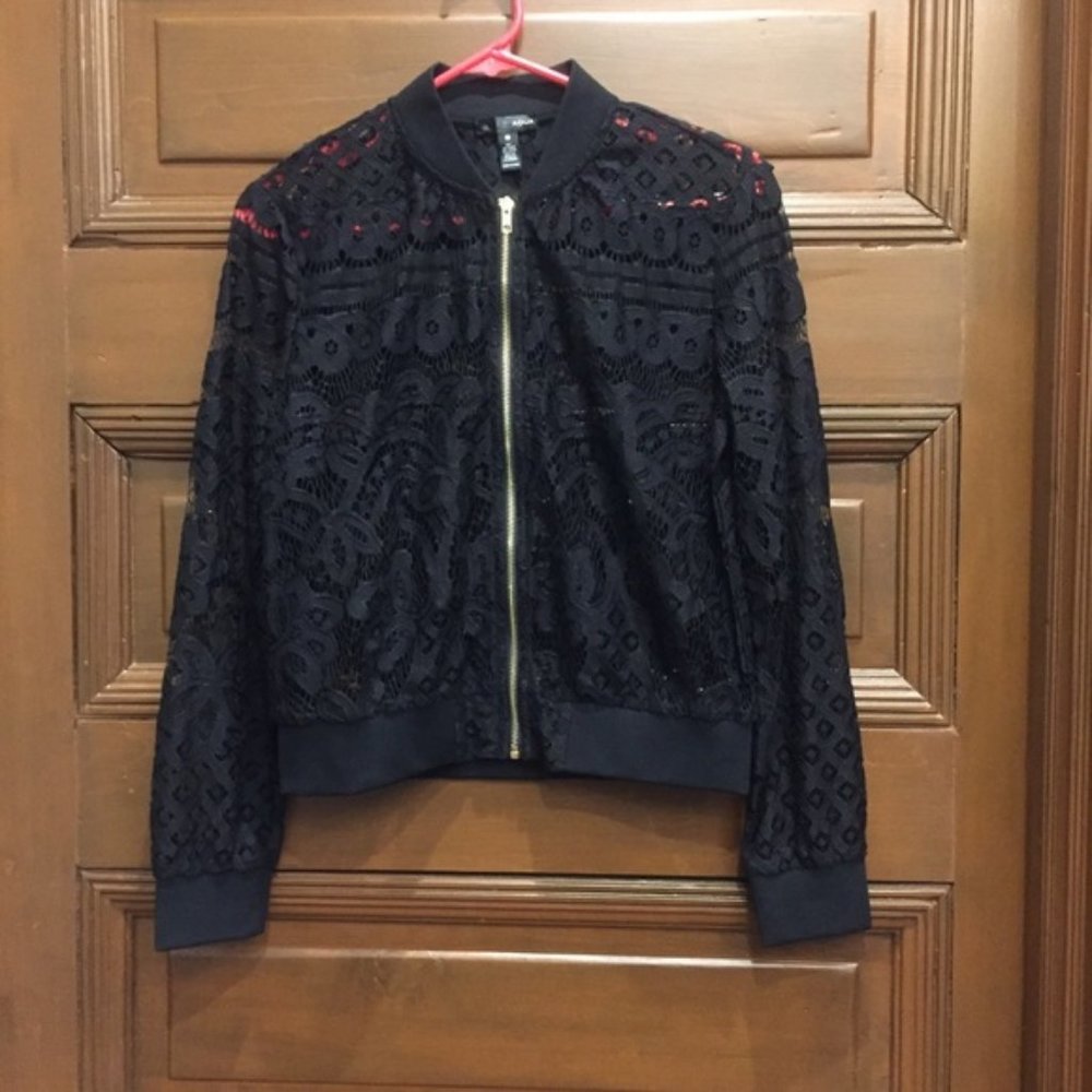 Aqua Boho Black Lace Bomber Jacket — Small - Picture 3 of 6